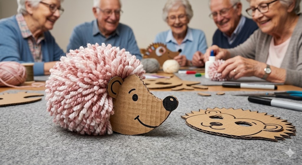 Seniorzy tworzący jeża z włóczki